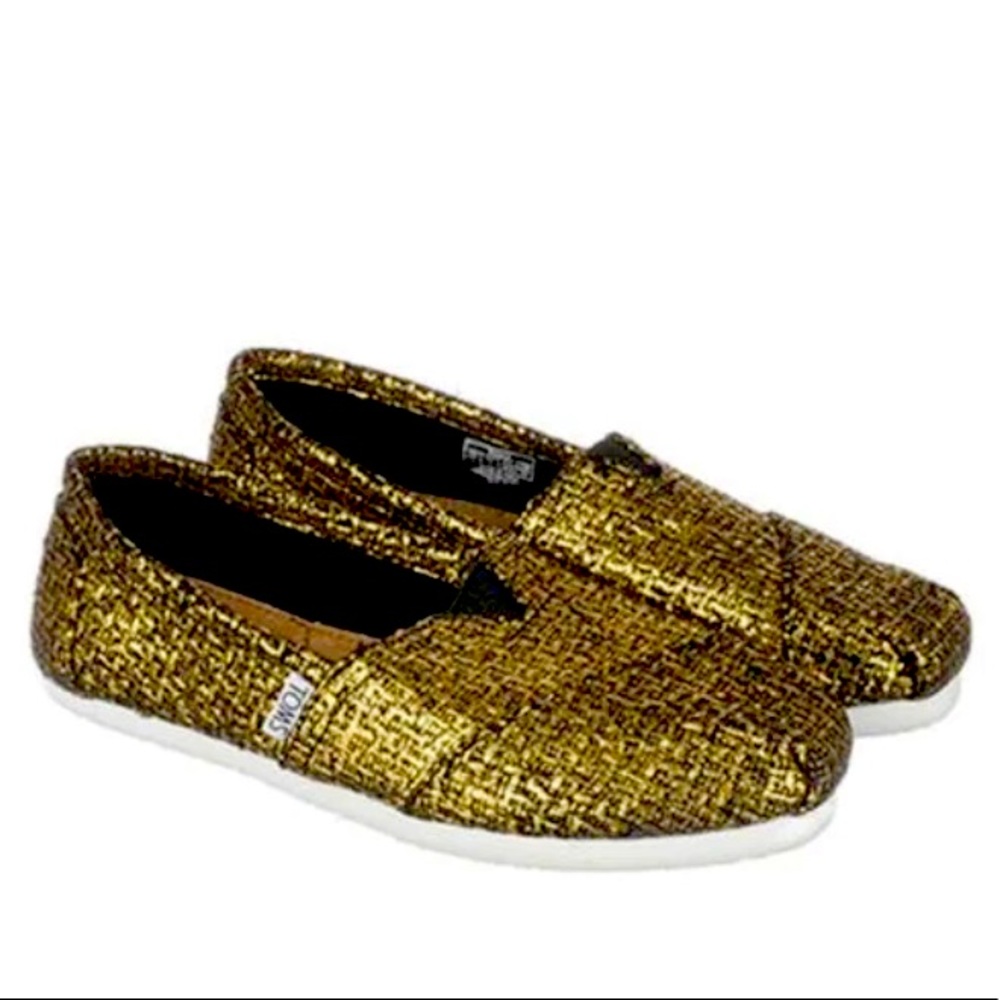 Toms metallic gold and black wool loafers, slipper slide on shoes flats